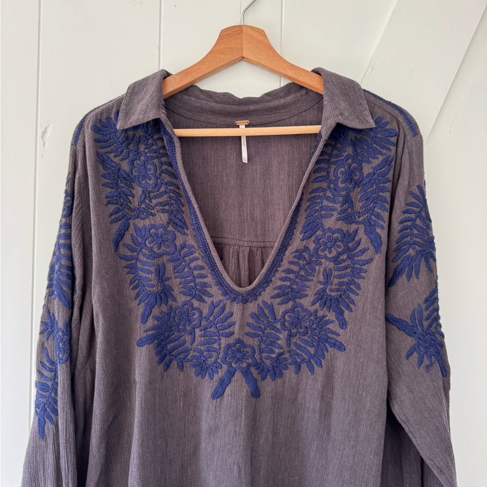 Free People Embellished Blue and Gray Long Sleeve Blouse - Picture 2 of 7
